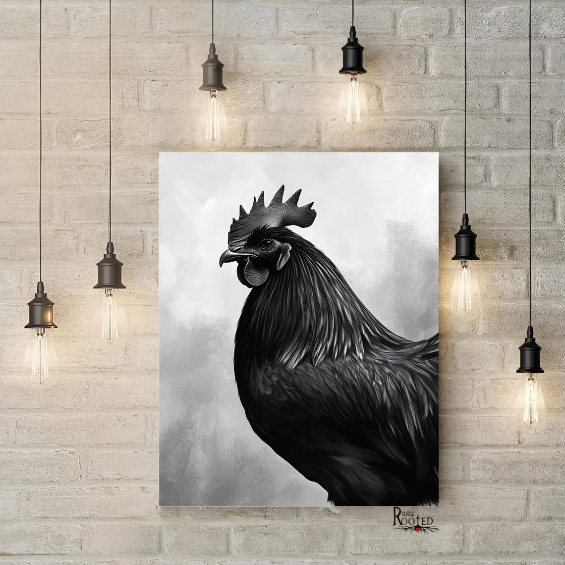 Black Rooster Portrait Painting on a Textured Gray Background Poster - Image 4