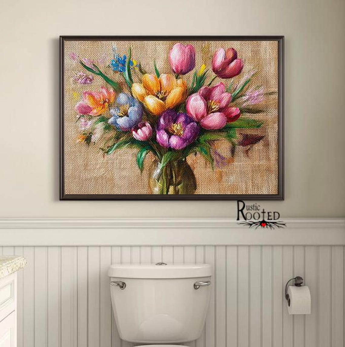 Colorful Spring Flower Bouquet on Burlap Canvas Floral Art Poster - Image 2