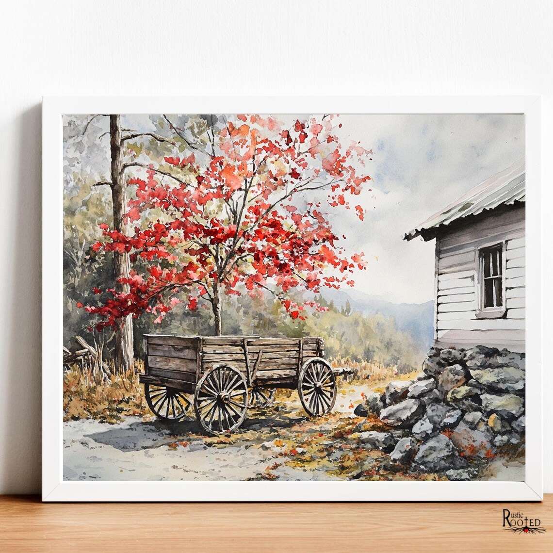 Vintage Wagon and Red Autumn Tree Old Farm Homestead Art Poster - Image 3