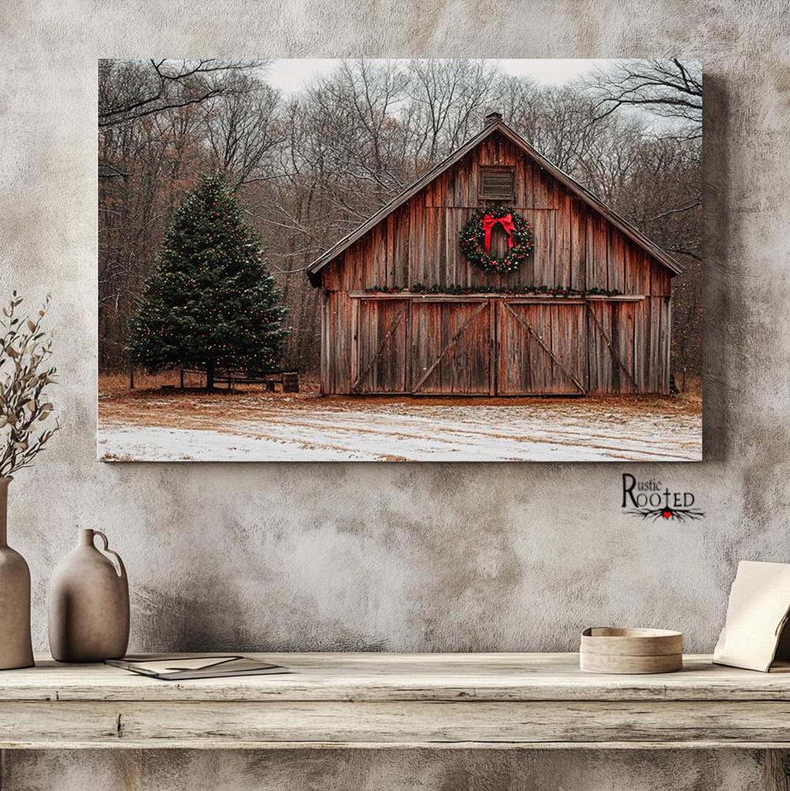 Rustic Wooden Barn Decorated for Christmas in the Snow Poster - Image 2