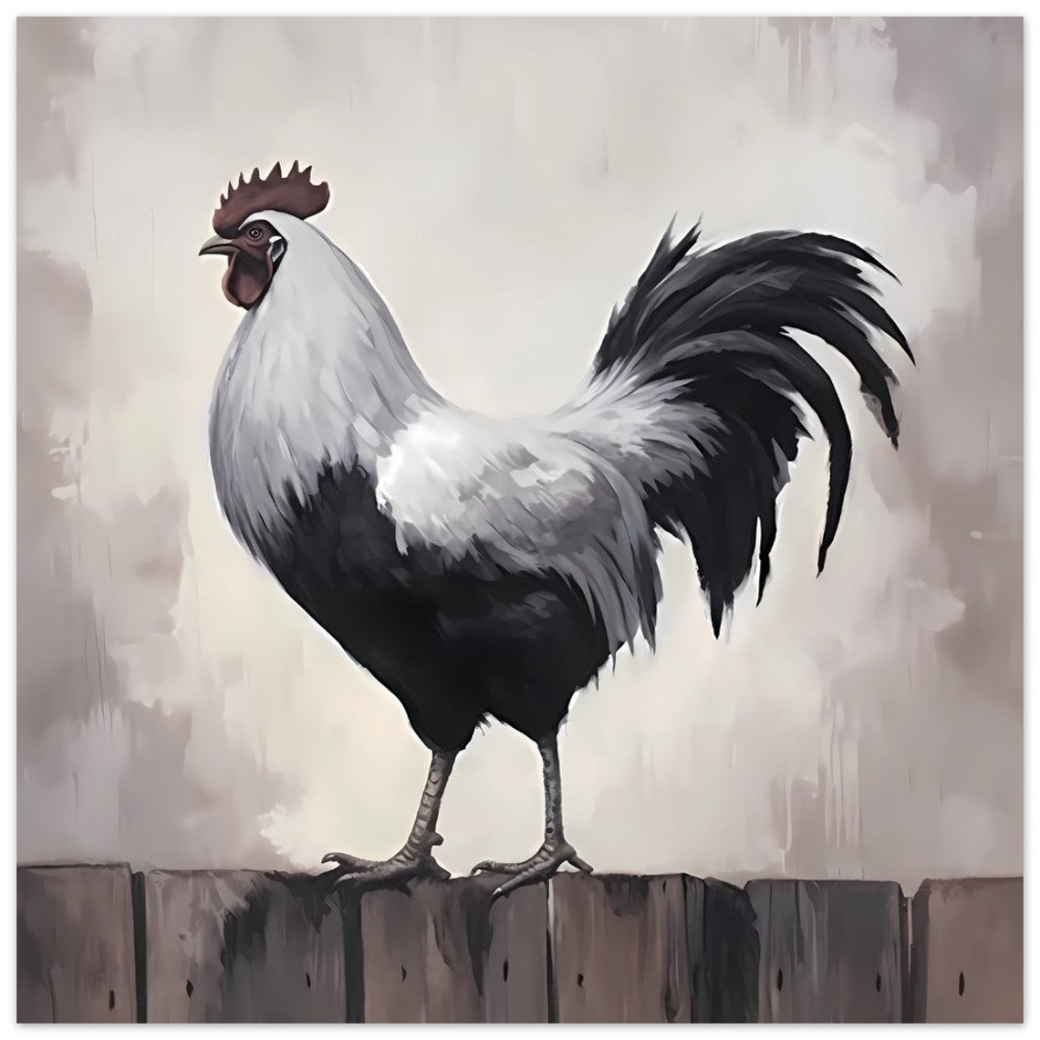 White and Black Rooster Standing on a Rustic Wooden Fence Poster - Image 2