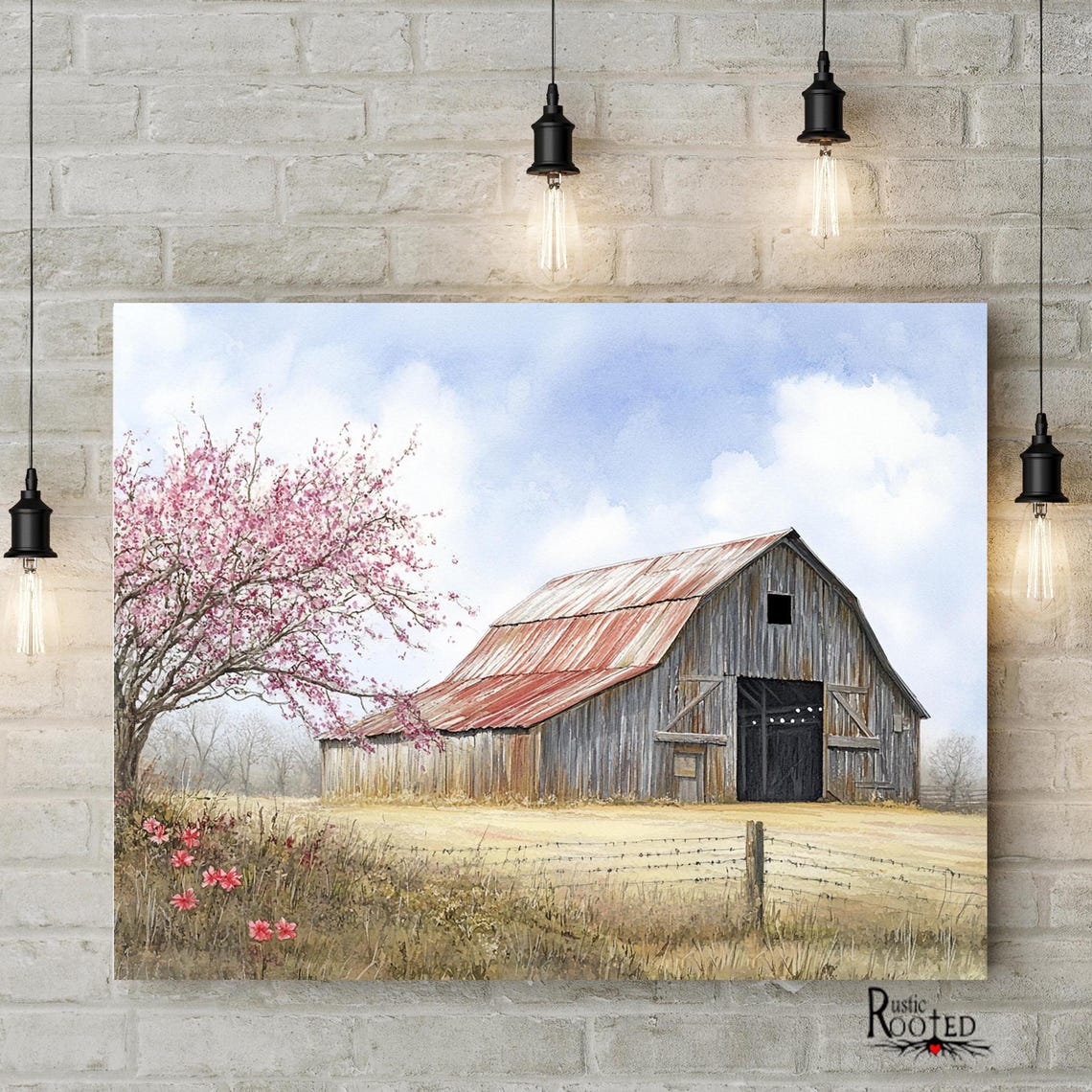 Weathered Barn with Pink Flowering Tree Spring Farm Scene Poster - Image 2