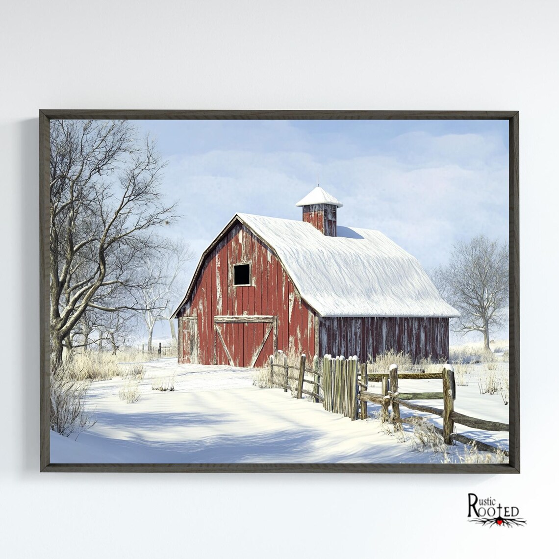 Red Barn with Cupola in Fresh Snow Beside a Wooden Fence Poster