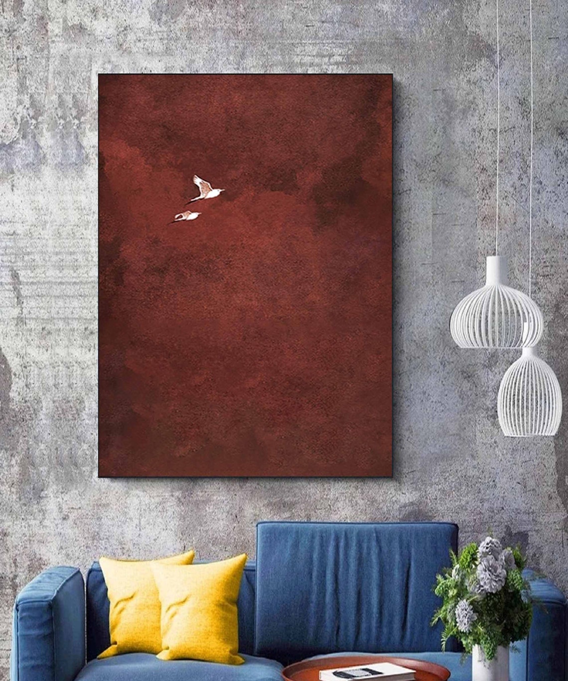 Crimson Red Abstract Minimalist Two Birds Flying Modern Art Poster - Image 2