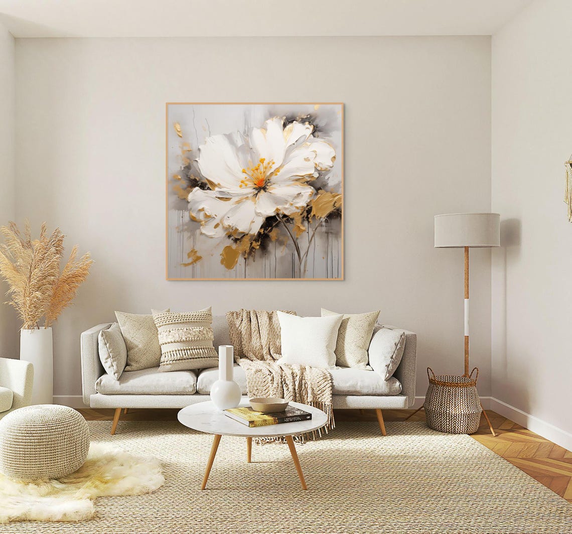 Modern White Floral Impasto Abstract Flower Poster in Neutral Tones - Image 4