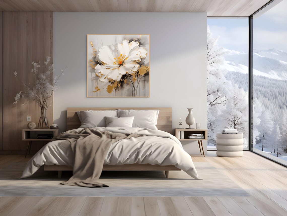 Modern White Floral Impasto Abstract Flower Poster in Neutral Tones - Image 2