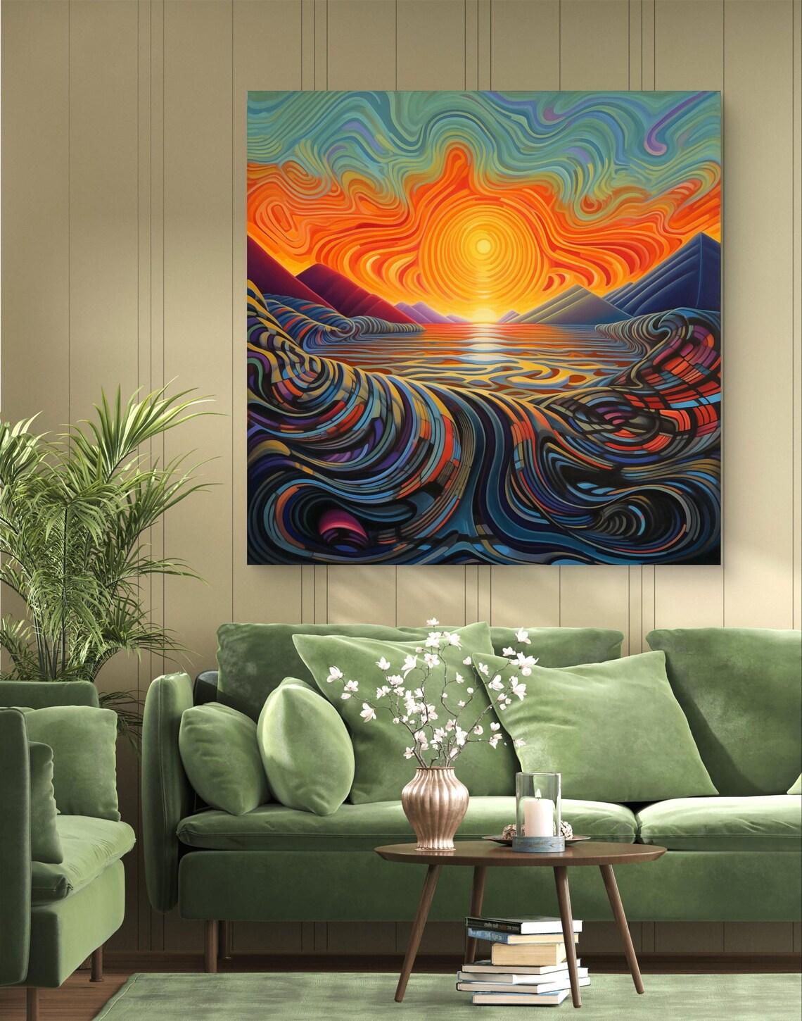 Psychedelic Sunrise Swirl Abstract Mountain Lake Poster with Wavy Sky - Image 5