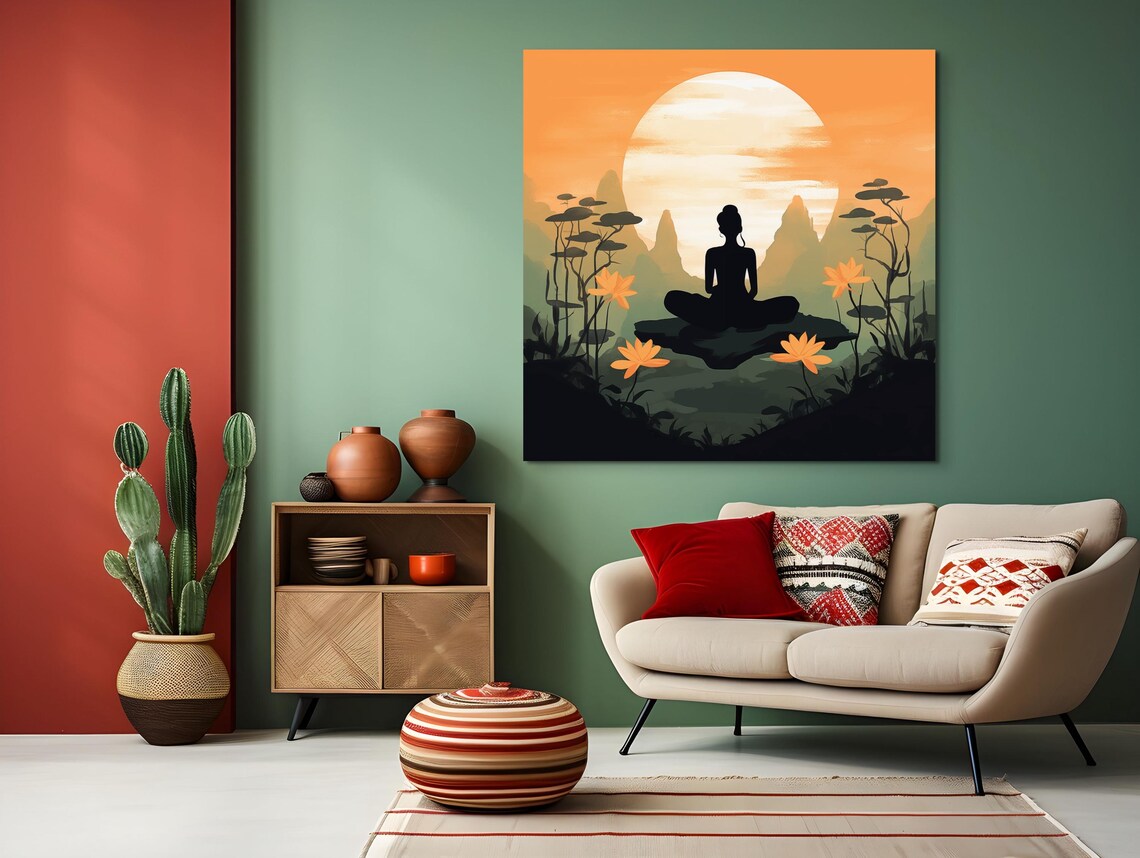 Zen Yoga Meditation Silhouette at Sunrise Poster for Mindful Home Decor