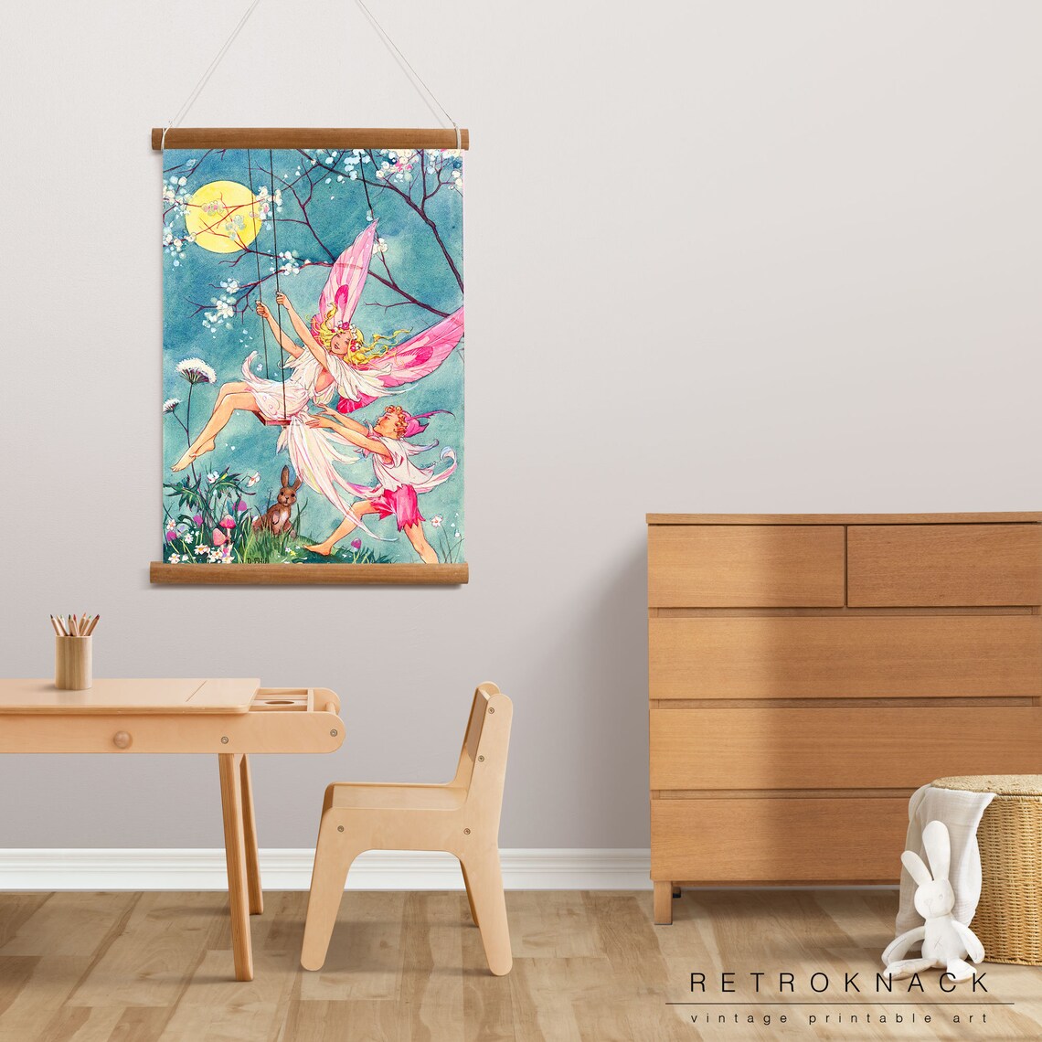 Fairy on a Swing Pushed by Elf Boy Full Moon Night Blossom Watercolor Print - Image 3