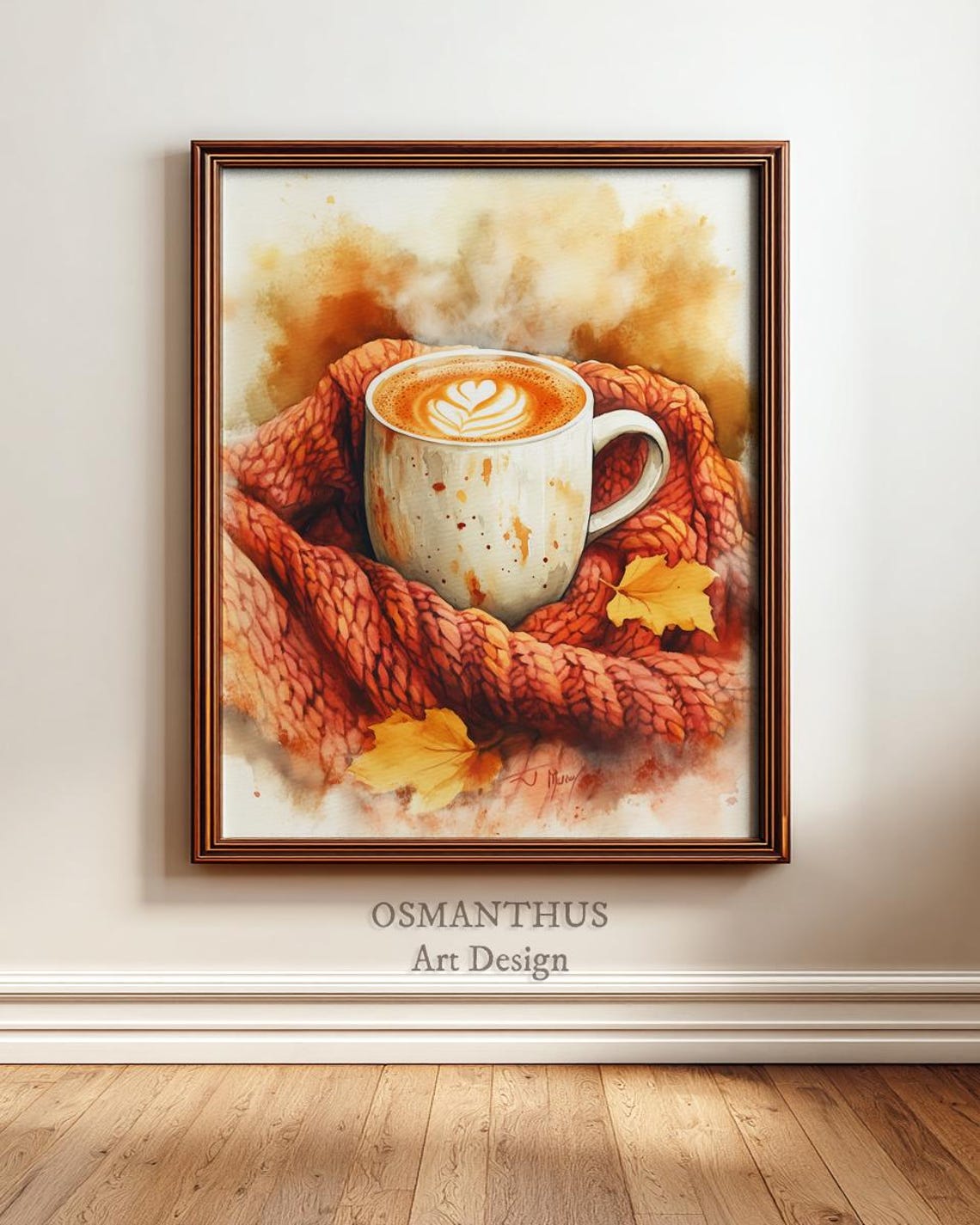 Cozy Autumn Pumpkin Spice Latte Art Rustic Fall Decor Watercolor Print Earthy Warm Colors Kitchen Wall Mug Painting 6