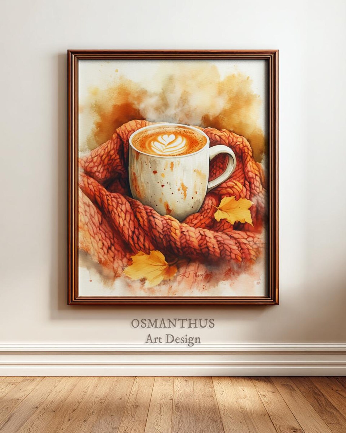 Pumpkin Spice Latte in Knit Scarf Watercolor Fall Art Poster