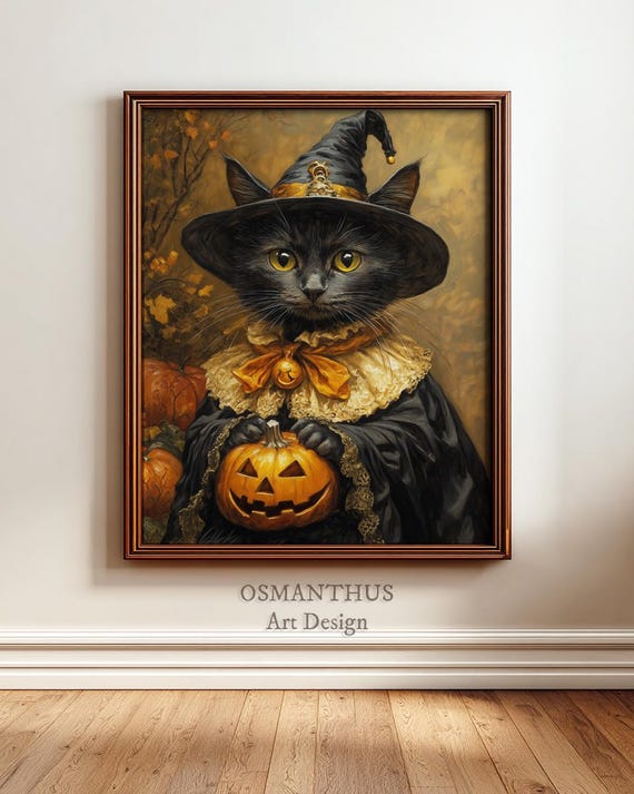 Halloween Cat In Witch Costume Vintage Style Wall Art Spooky Festive Decor Autumn Print Rustic Oil Painting 104