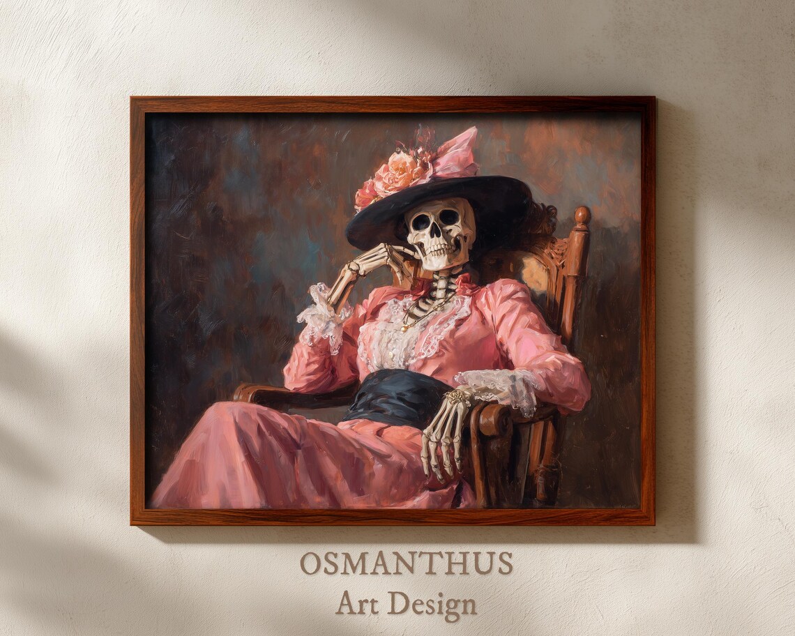 Dia De Los Muertos Skeleton Lady In Pink Victorian Dress Seated Poster