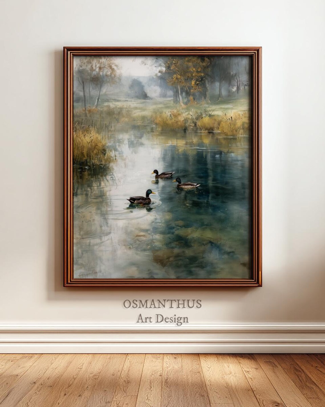 Mallard Ducks Misty Morning Pond Watercolor Nature Art Poster