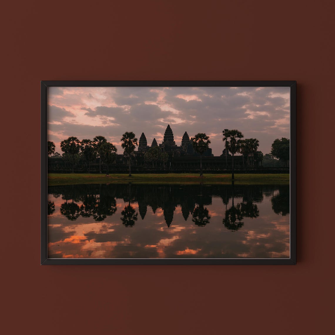 Angkor Wat Sunrise Silhouette Temple Reflection Cambodia Poster