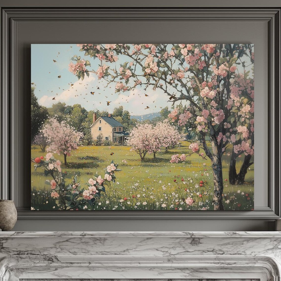Spring Orchard Pink Blossom Bees Buzzing Country Farmhouse Print