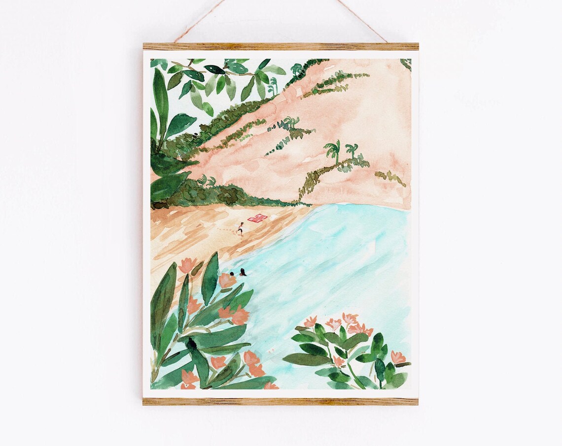 Beach Day Watercolour Surfing Tropical Poster