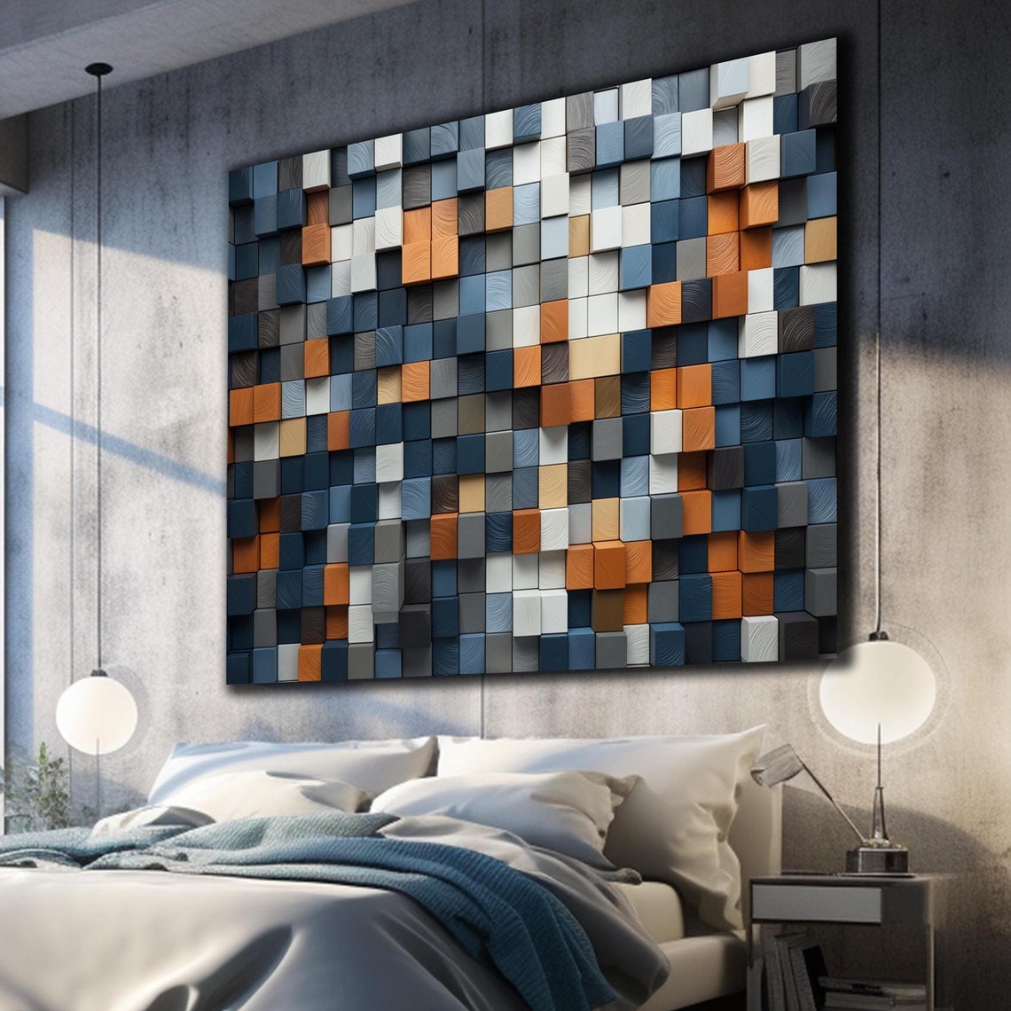 Navy Gray White Orange Small 3D Cube Mosaic Modern Geometric Wall Art