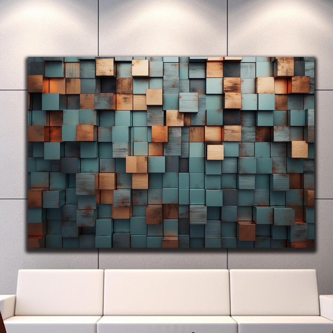 Geometric Wood Cube 3D Teal Copper Abstract Wall Blocks Art Print