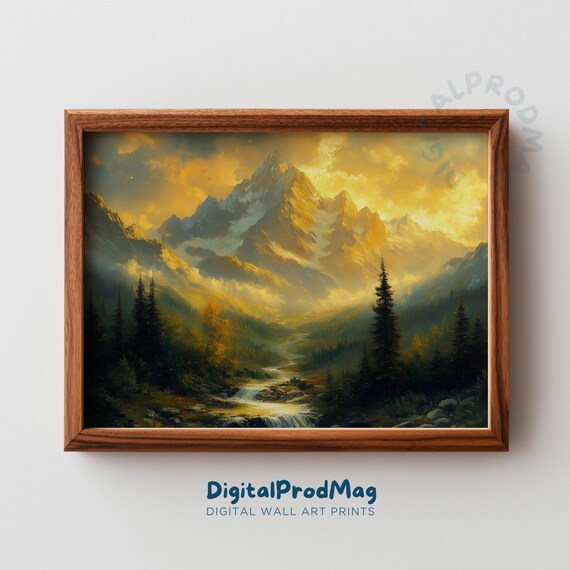 Winter Mountain Peak Moody Landscape Art Holiday Decor Glowing Snow Dark Evergreen Trees Rustic Scene 5
