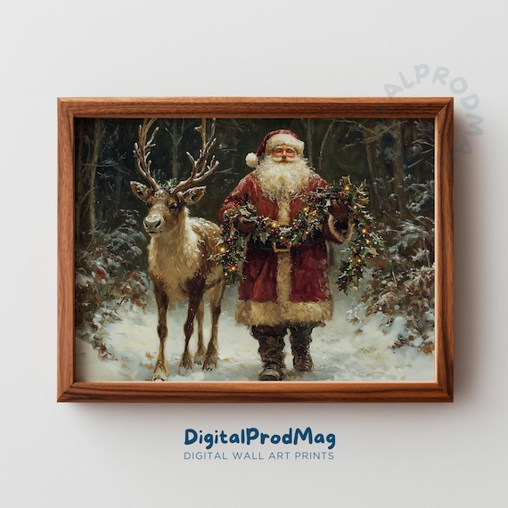 Vintage Santa Claus With Reindeer Snowy Forest Christmas Wall Art