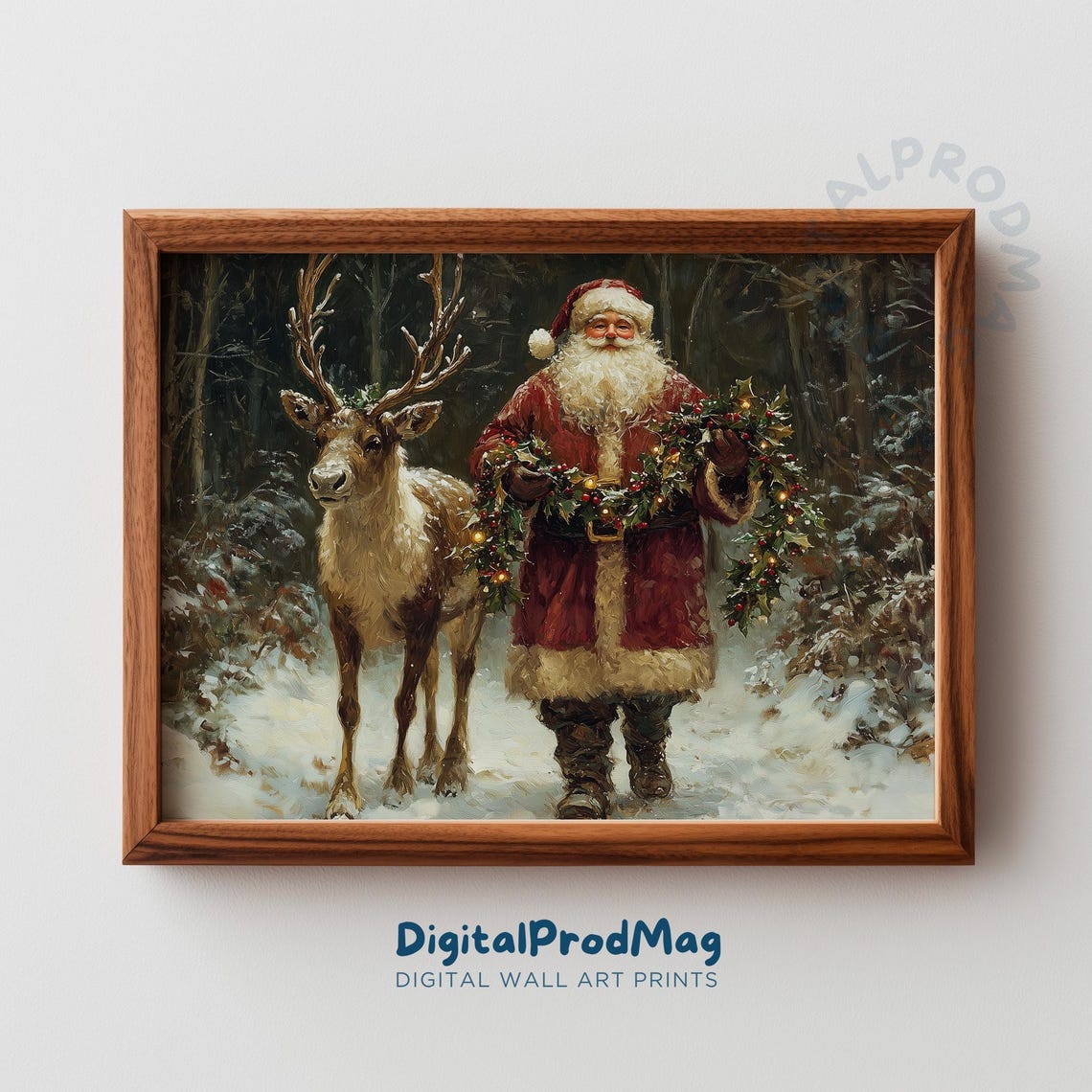 Vintage Santa Claus With Reindeer Snowy Forest Christmas Wall Art