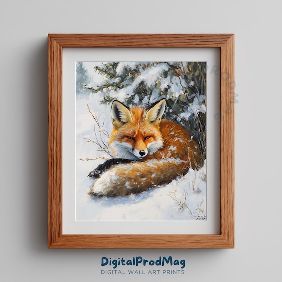 Red Fox Winter Scene Print Rustic Wildlife Art