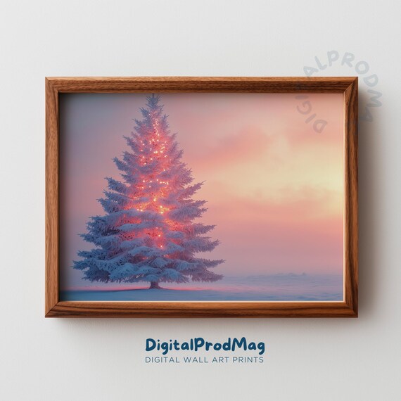 Snowy Christmas Tree Glowing Lights Pink Sunset Winter Print