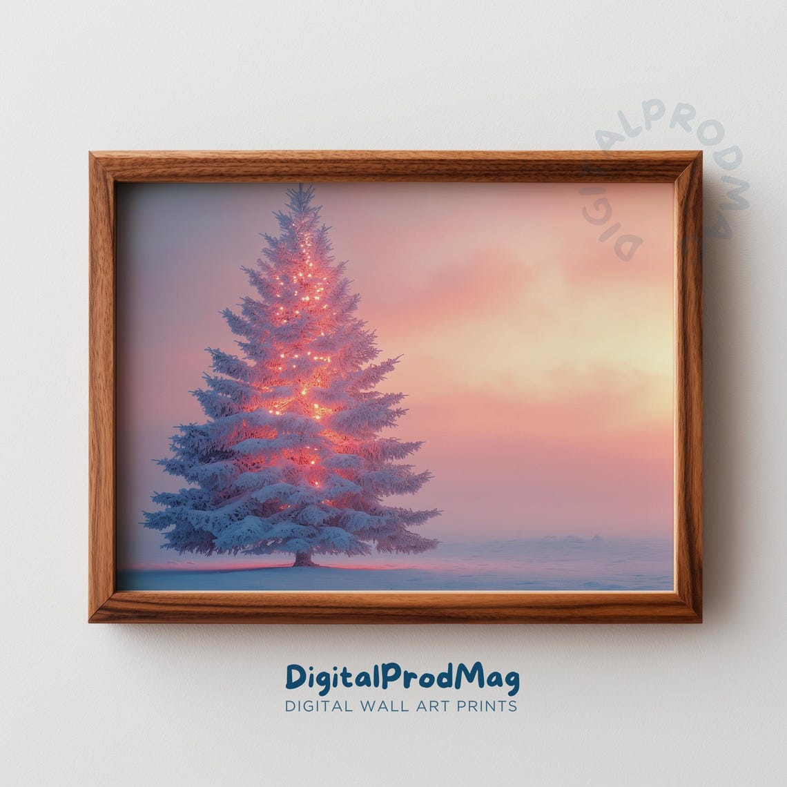 Snowy Christmas Tree Glowing Lights Pink Sunset Winter Print