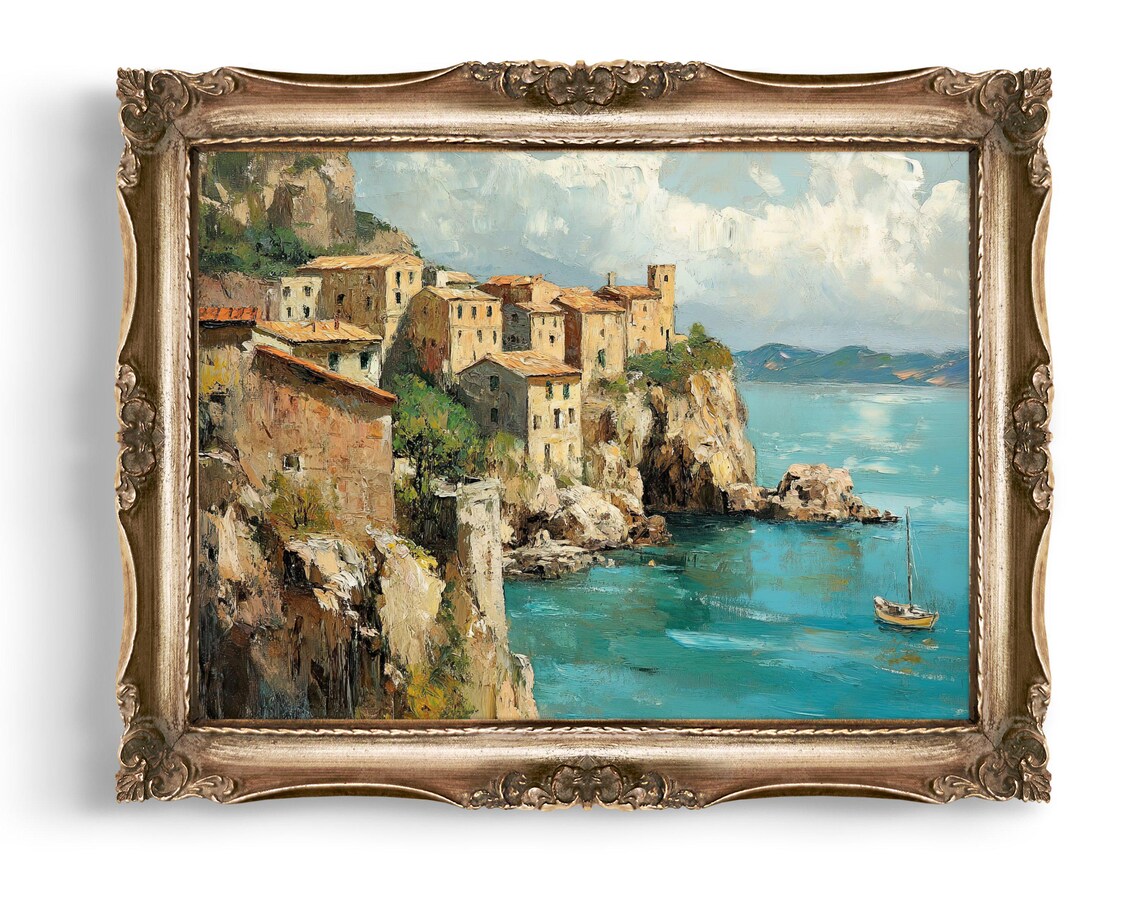 Coastal Village Art Italy Landscape Vintage Style Seaside Town Oil Painting Print Sea View Italian Coast