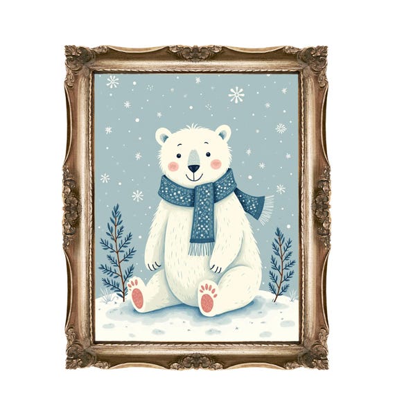 Polar Bear Wall Art For Kids Or Nurseries Winter Nursery Decor With Scarf Cute