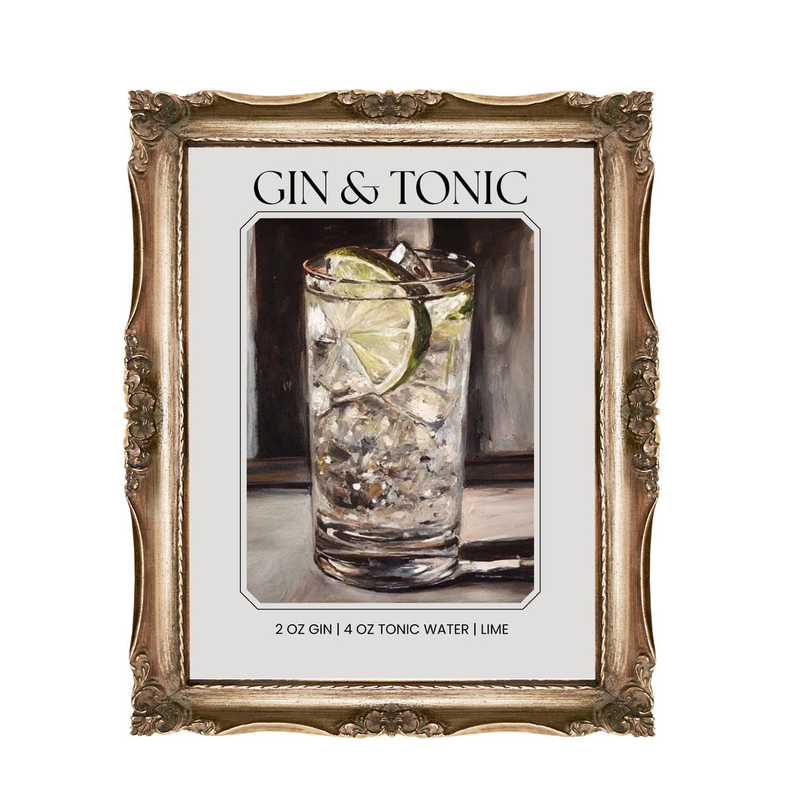 Gin and Tonic Cocktail Recipe Classic Bar Cart Kitchen Wall Poster