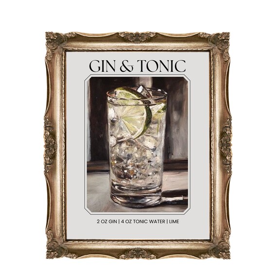 Gin and Tonic Cocktail Recipe Classic Bar Cart Kitchen Wall Poster