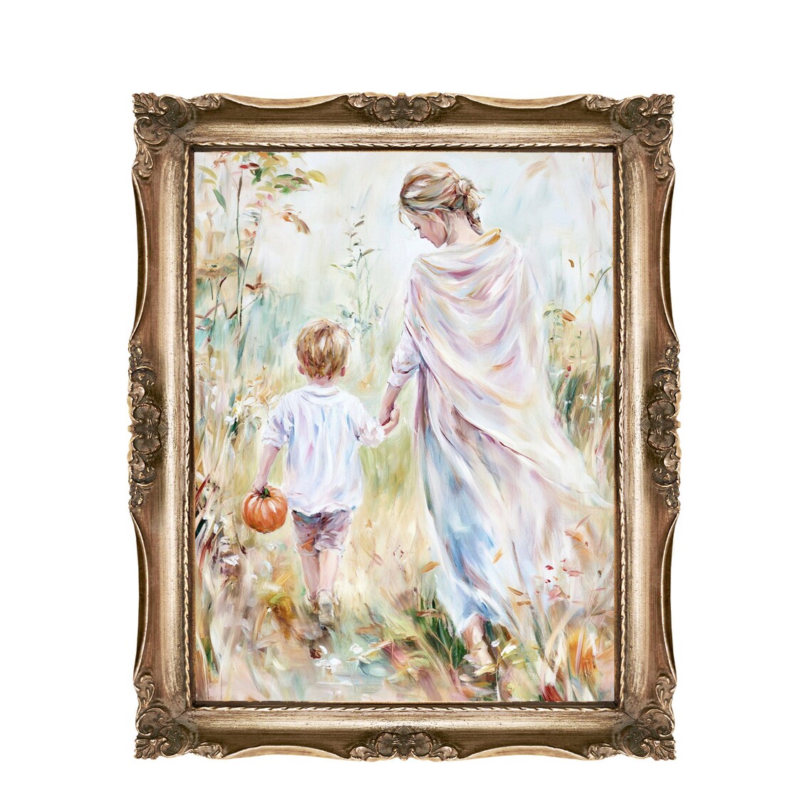 Mother And Son Autumn Walk With Pumpkin Motherhood Painting Poster
