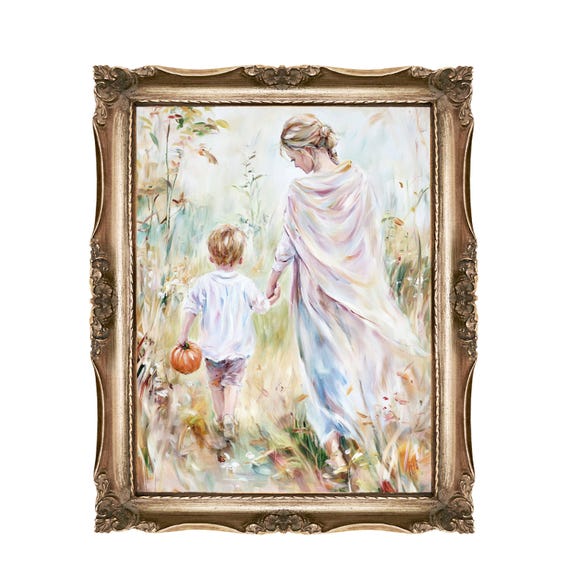 Mother And Son Wall Art Pumpkin Autumn Family Oil Painting Kids Room Decor Home