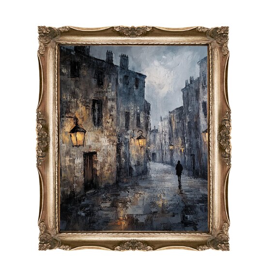 Rainy Old Town Cobblestone Street Glowing Lampposts Moody Poster