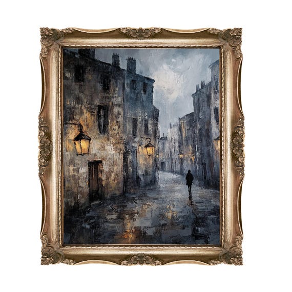 Rainy Street Art Print Old Town Artwork Moody Cityscape Wall European City Scenery Home Decor