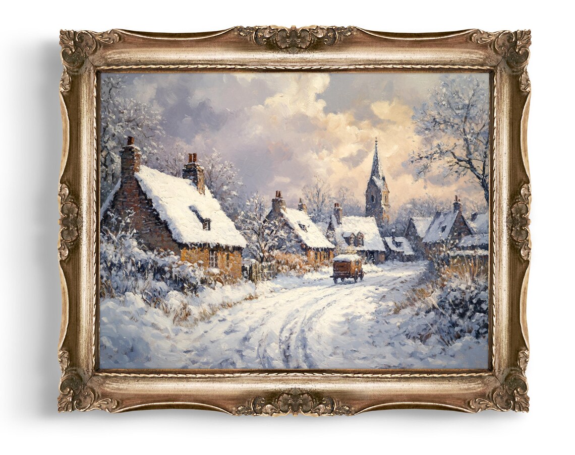 Snowy Village Lane with Cottages Church Spire and Vintage Car Poster