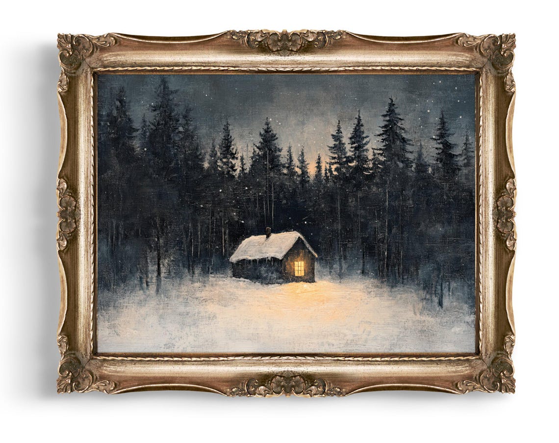 Snowy Night Cabin Moody Winter Forest Landscape Vintage Style Poster