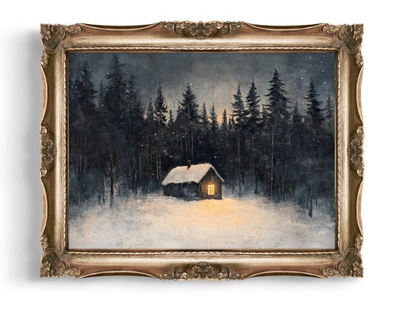Winter Cabin Downloads Of Wall Art Snowy Landscape Print Cozy Home Decor Forest Painting Moody Scenery