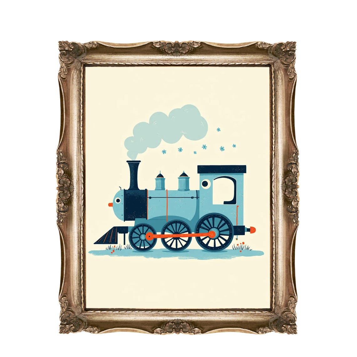 Cute Blue Steam Train Nursery Decor Minimalist Kids Room Art Print