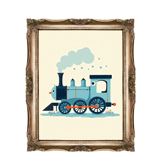 Cute Blue Steam Train Nursery Decor Minimalist Kids Room Art Print