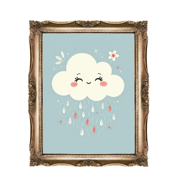 Cute Cloud Wall Art Nursery Decor Kids Room Smiling Raindrops Print Playroom