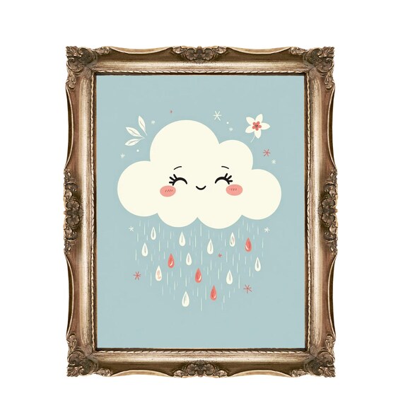 Smiling Rain Cloud With Raindrops Cute Nursery Weather Wall Art