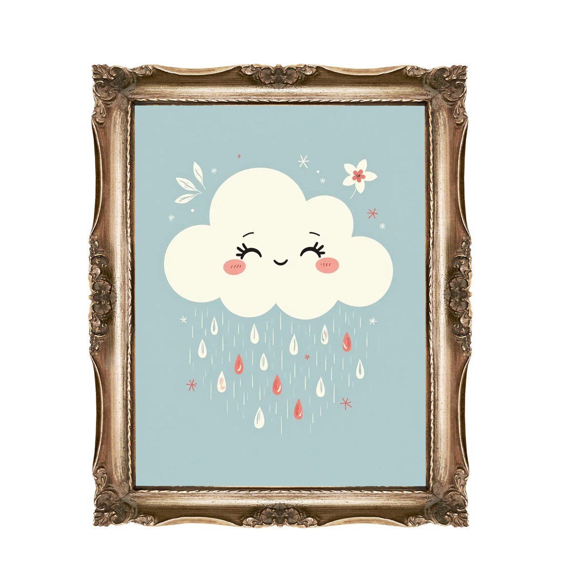 Cute Cloud Wall Art Nursery Decor Kids Room Smiling Raindrops Print Playroom