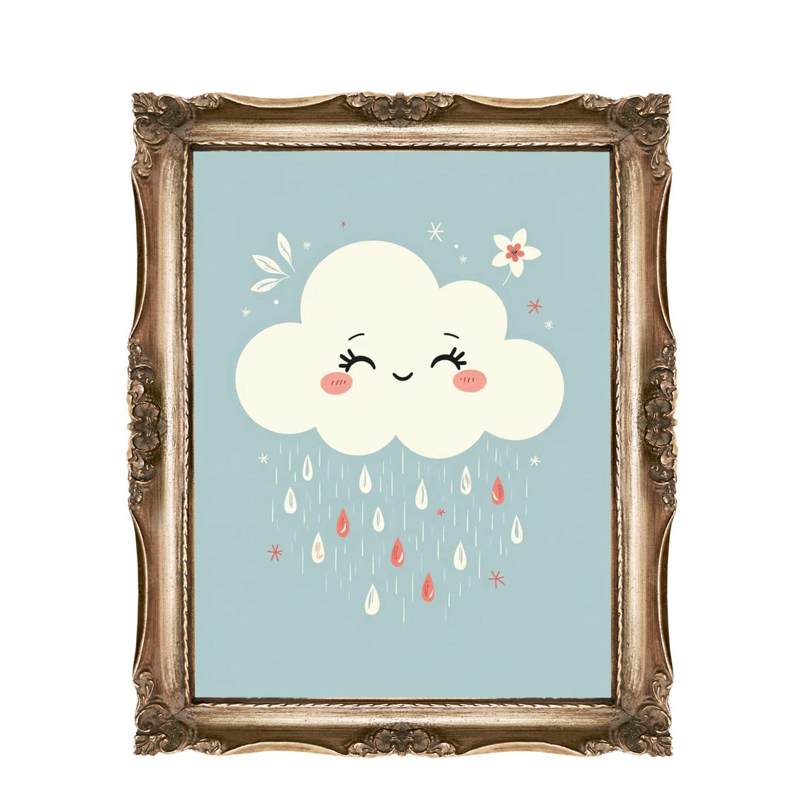 Smiling Rain Cloud With Raindrops Cute Nursery Weather Wall Art