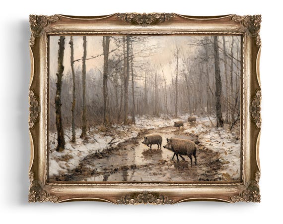 Winter Forest Boar Art Animal Painting Rustic Wall Decor Moody Landscape Wild Hog Print Nature Home