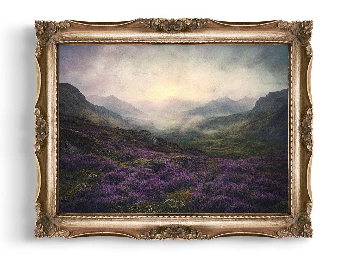Purple Heather Highland Valley Misty Mountain Landscape Poster