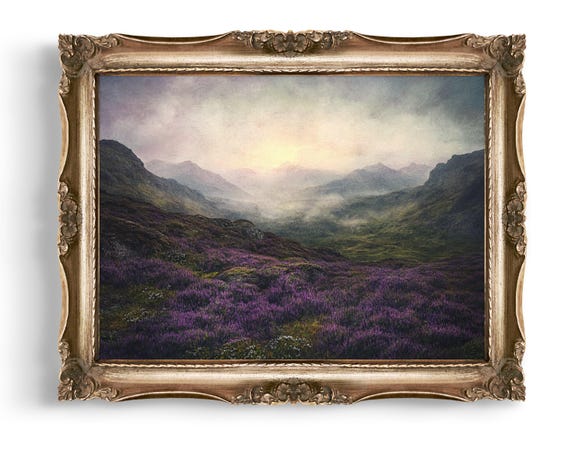 Purple Heather Landscape Downloads Of Wall Art Mountain View Print Scenic Highland Artwork Painting