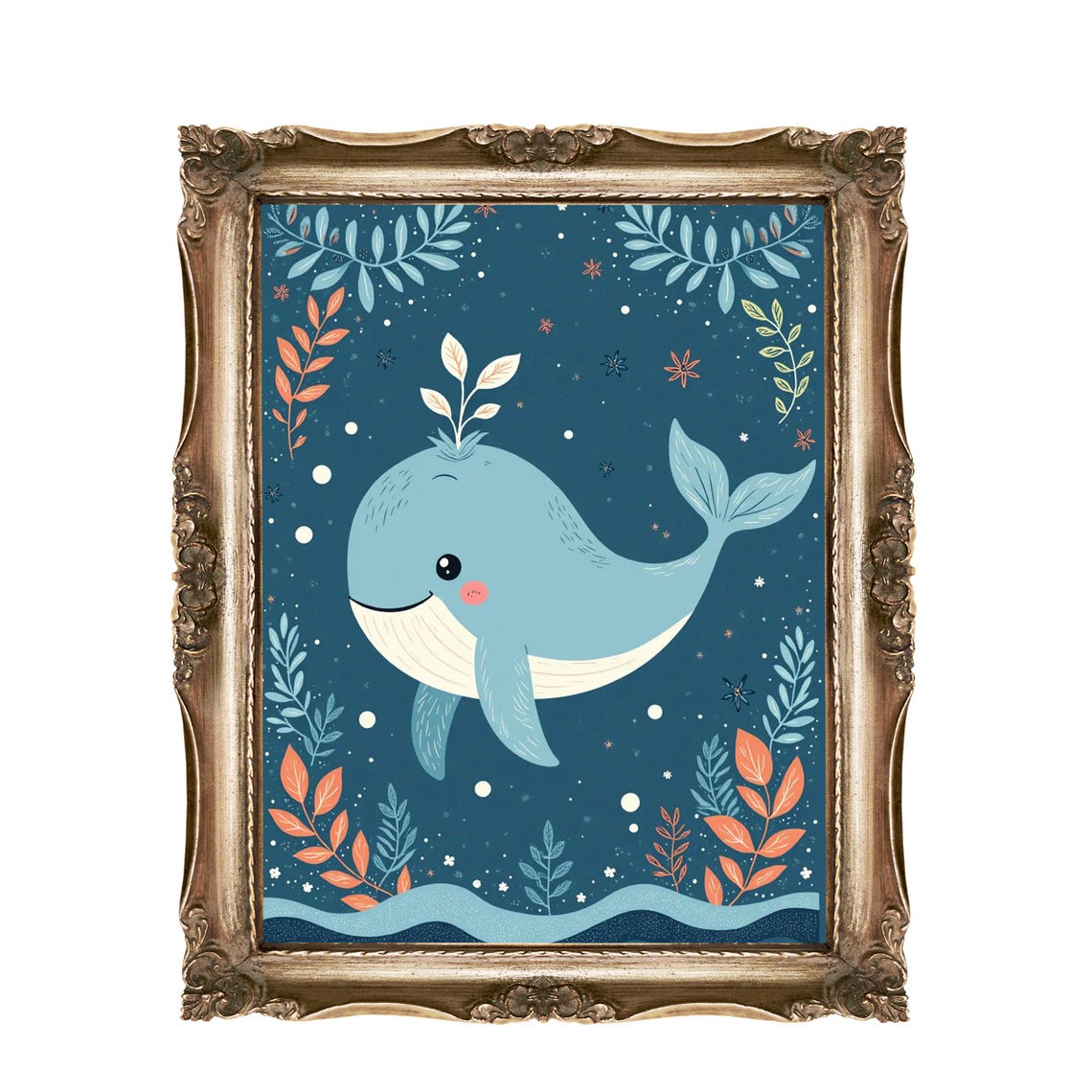 Blue Whale Nursery Decor Cute Ocean Animal Underwater Kids Room Print
